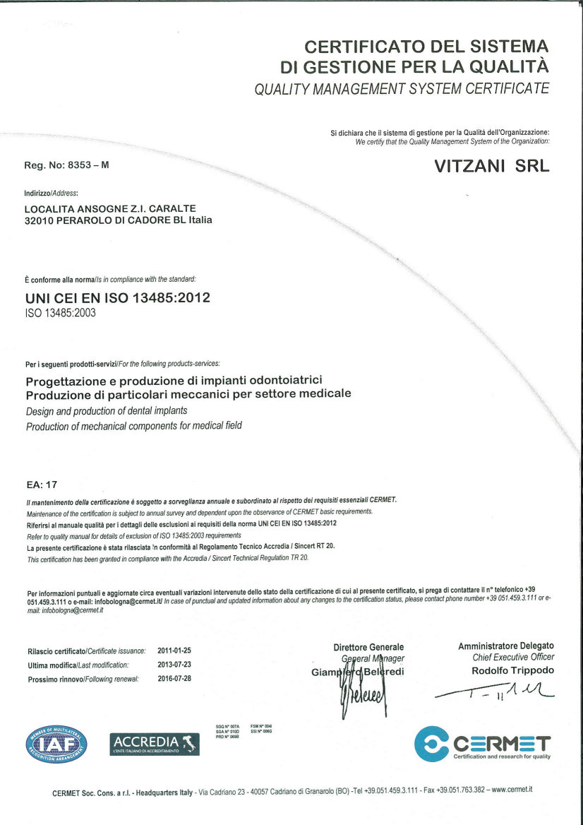 Certificazione ISO 13485 Vitzani